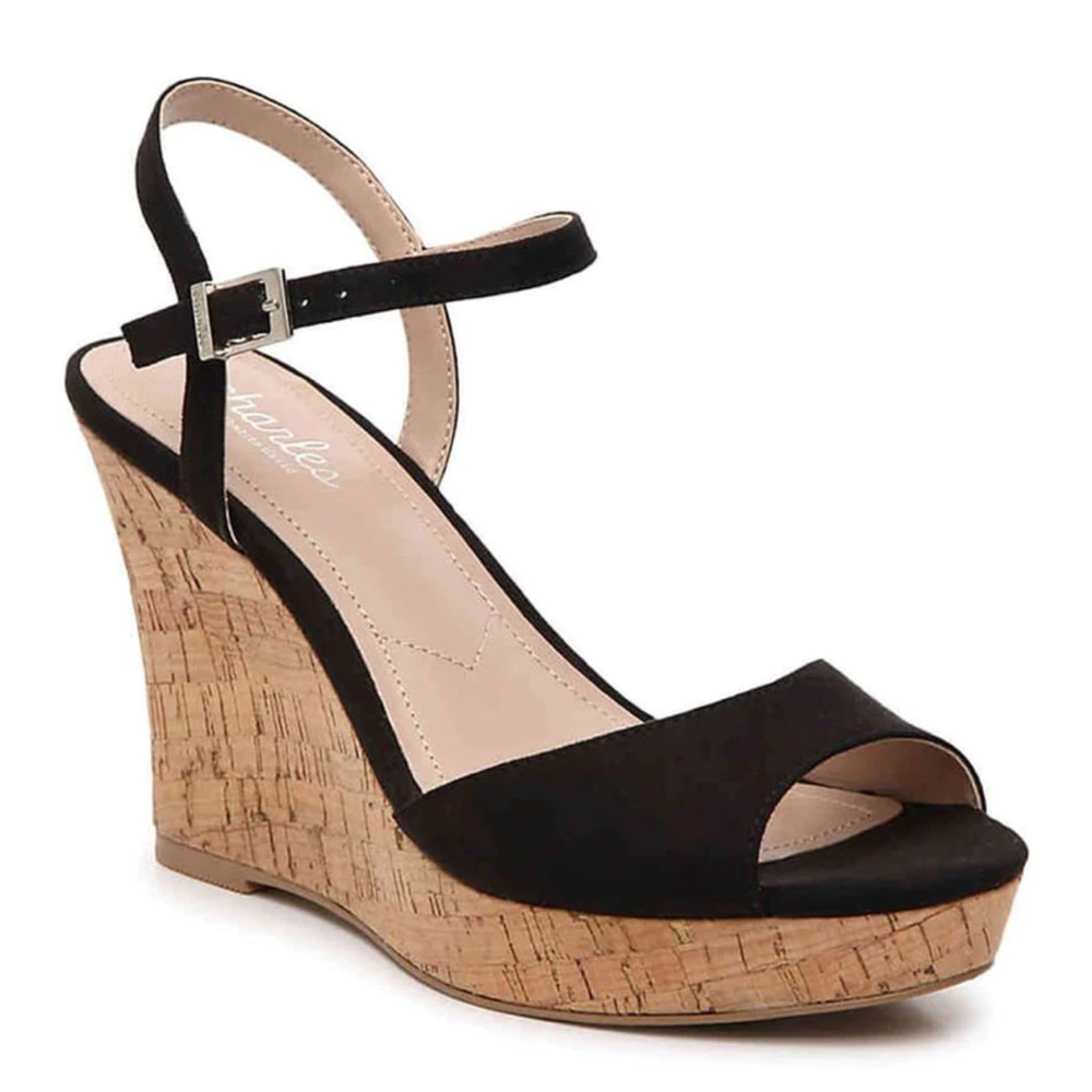 Charles by Charles David Lambert Cork Heeled Sandals Black 9.5 Micro Suede